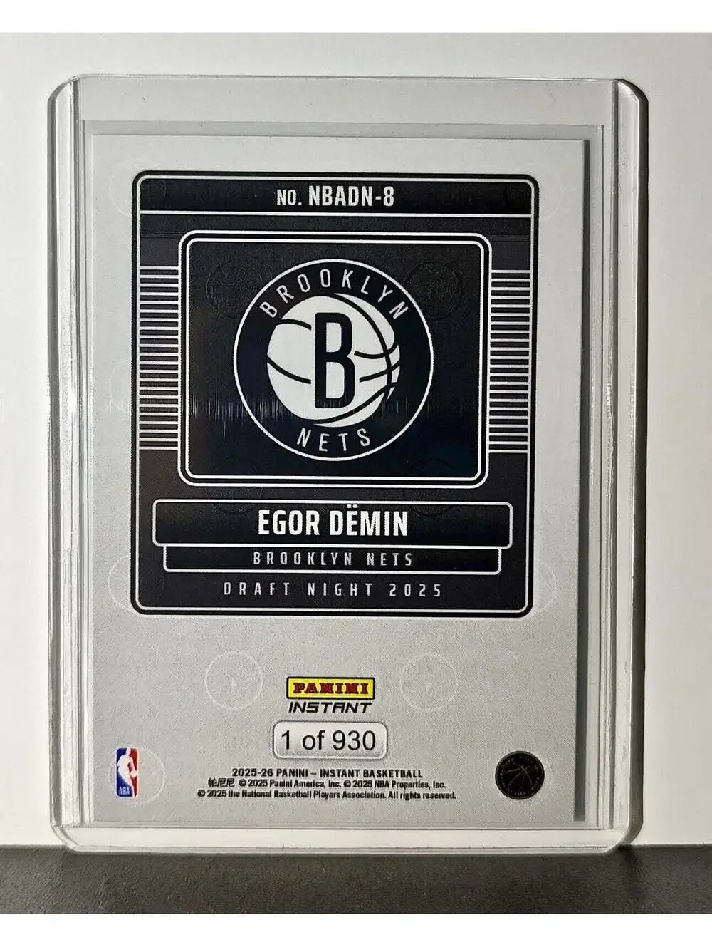 Egor Demin Rookie 2025-26 Panini NBA #8 Draft Night Card Brooklyn Nets